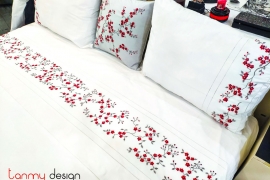 King size bed sheet  with 2 pillowcases (50x70 cm) - red string peach blossom embroidery